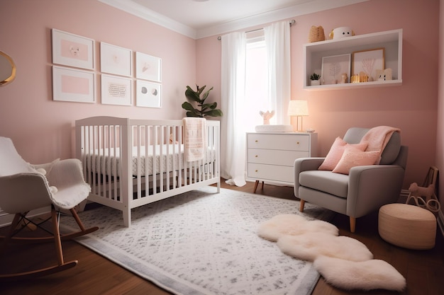 A nursery with a white crib and a chair with a white rug and a white rug.