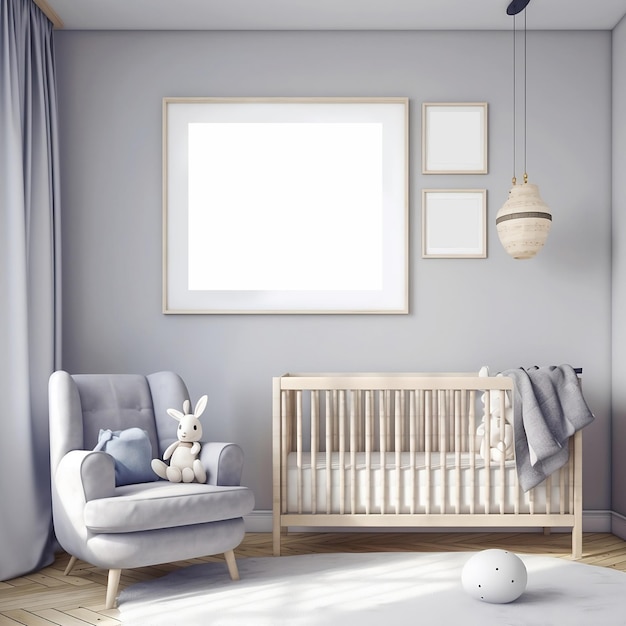 A nursery with a white crib and a white rabbit on the floor.