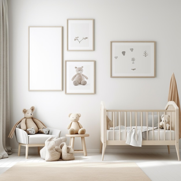 A nursery with a white wall with pictures of bears and a teddy bear.