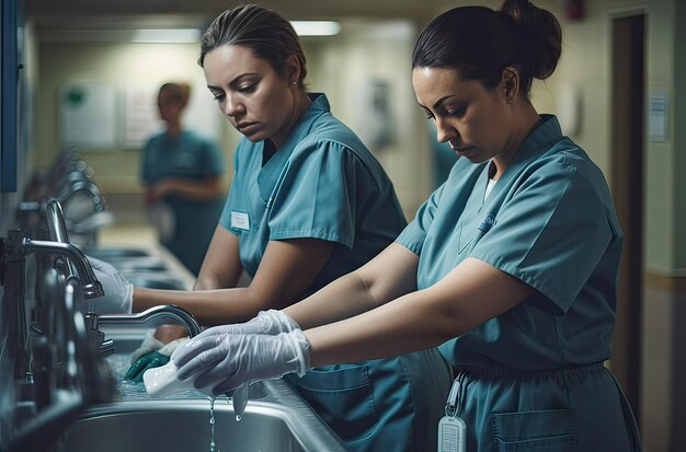 Photo nurses cleaning themselves in the hospital health concept