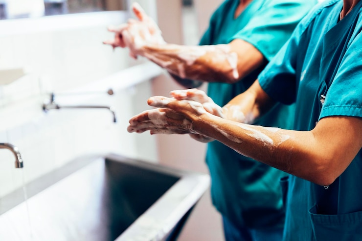 Photo nurses washing hands at sink