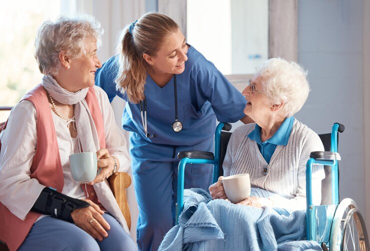 Photo nursing home care and nurse with senior women doing healthcare checkup examination or consultation medical conversation and elderly woman in wheelchair consulting a doctor at retirement facility