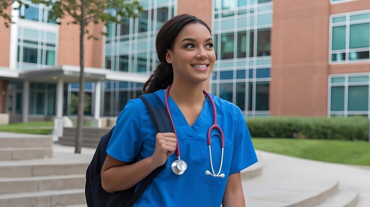 Photo nursing or medical student walking to class on hospital campus