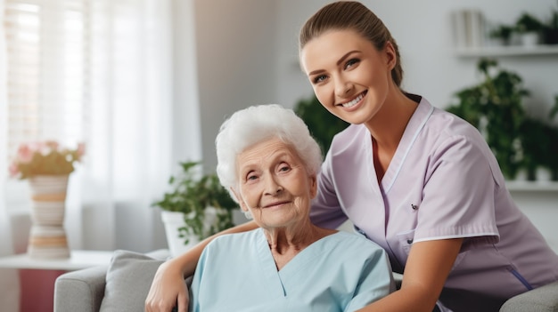 Nursing professional support senior woman for medical help with insurance for retirement at home