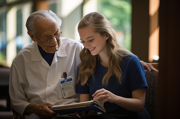 Photo nursing student doing internship with elderly senior at geriatric hospital