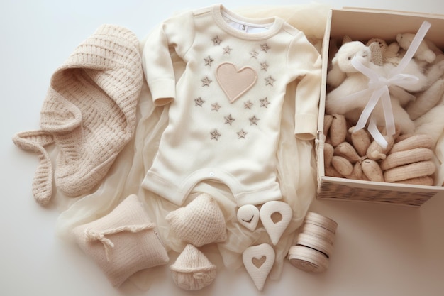 Premium AI Image  Nurturing Baby Bundle Organic GenderNeutral Gift Basket  Packed with Stylish Garments and Accessori