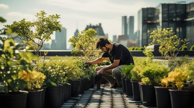 Photo nurturing green life joyful care of rooftop potted plants