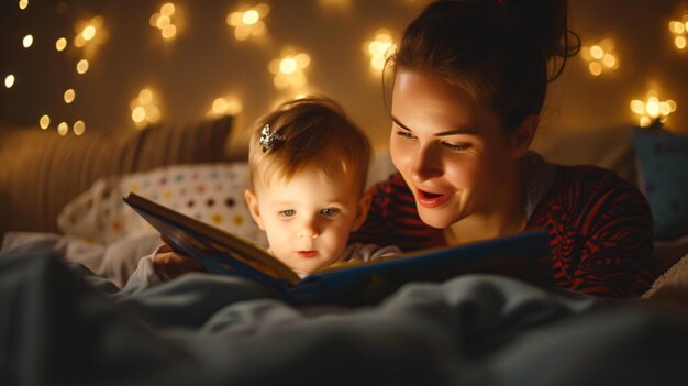 Photo a nurturing mother reads a captivating bedtime story to her child creating a warm and magical atmosphere perfect for illustrating the bond between parent and child