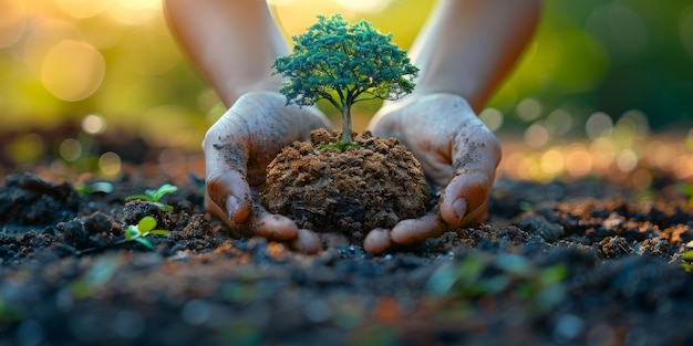 Nurturing nature Hands cradling a vibrant tree seedling sprouting from fertile soil Concept of environmental conservation sustainable growth and ecological balance