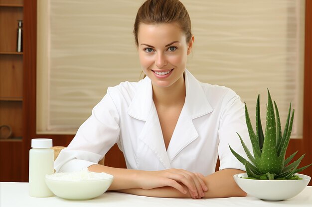 Foto potere nutrizionale rivelato donna avvolta dall'aloe vera che abbraccia la bellezza naturale