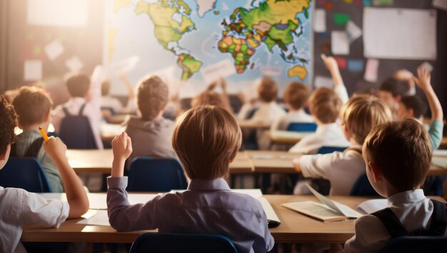 Photo nurturing young minds children at desks in classroom engaged in active learning and building friendships amidst a supportive educational environment