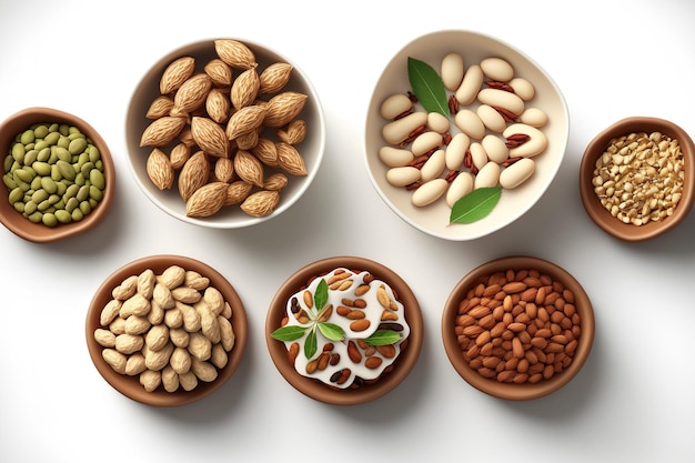 Nut assortment in bowls peanuts macadamia almonds brazil nuts pistachios pecans pine nuts cashews hazelnuts and walnuts Top view of a food mix on a white background with copy space