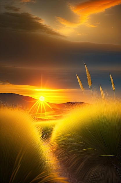 Nut grass cocograss against sunlight in sunset landscape blurr