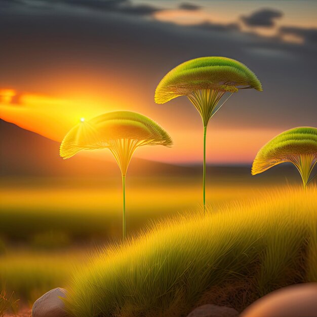 Nut grass cocograss in sunset landscape blurred background