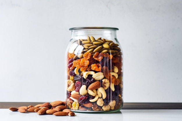 Nut mix in a transparent glass jar on a white table