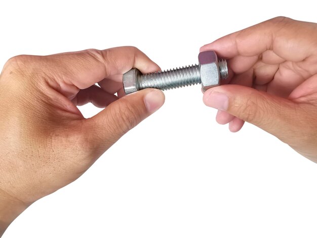 Nut and screw on hand on white background