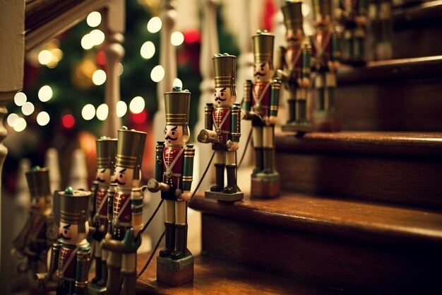 Nutcracker figures Decorated Christmas tree Classic apartments with a white fireplac Generative AI