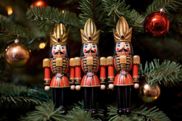 Photo nutcracker figures nestled within pine branches of a christmas tree