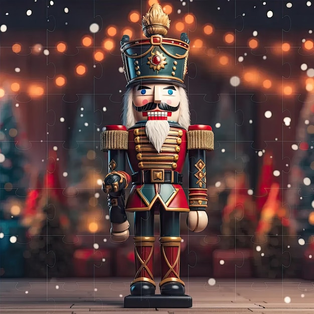 A nutcracker is standing in front of a christmas scene