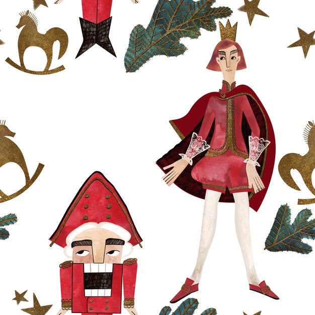 Nutcracker prince and fir branches Seamless watercolor pattern for Christmas wrapping paper