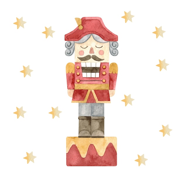 Щелкунчик акварельная иллюстрация Рождественский объект Ретро-игрушка изолирована на белом