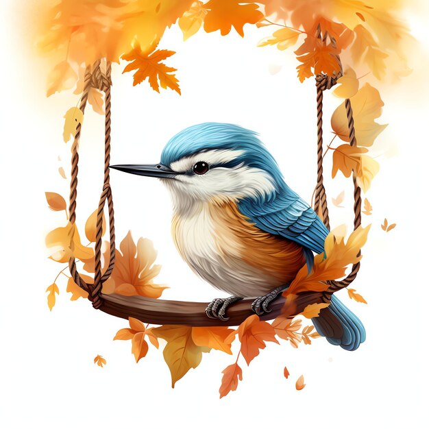 Nuthatch on swing in autumn woodland