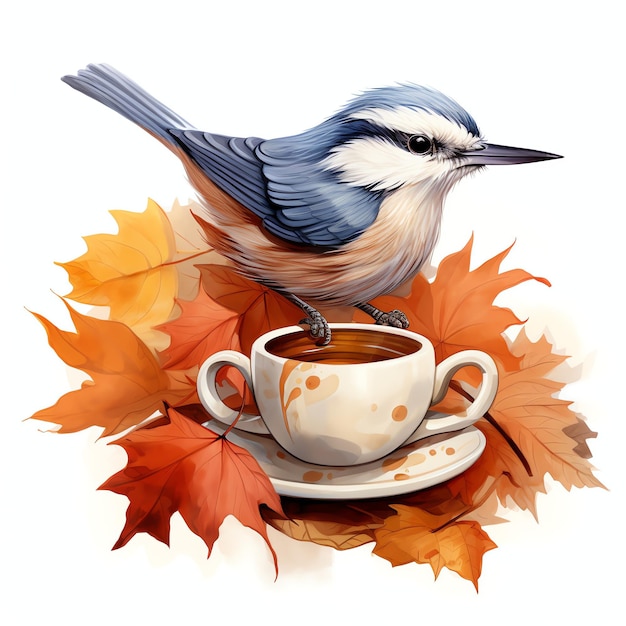 Nuthatch with book and mug in autumn woodland