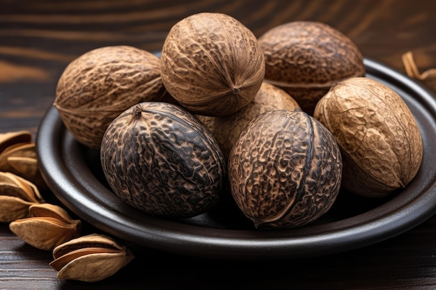 Photo nutmeg in black plate myristica fragrans fruit dry spicy nutmeg grated whole muscat nut nut meg