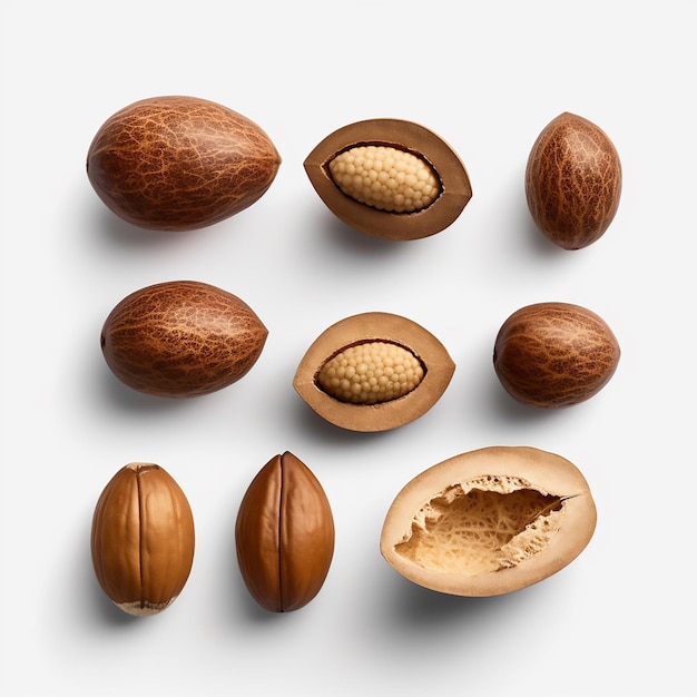 Nutmeg and nuts on white background