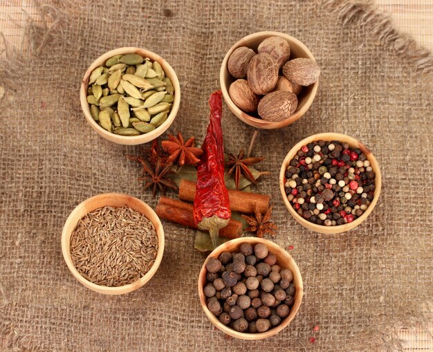 Nutmeg and other spices on sackcloth background