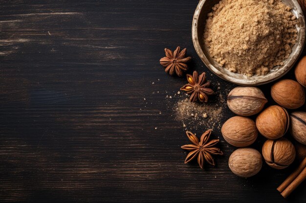 Nutmeg powdered and whole spices on wooden surface with room for text photographed from above