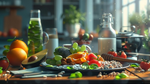 영양이 풍부 한 아침 식사 와 피트니스 장비 테이블 에 과일 과 채소 의 접시