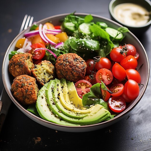 사진 nutrientpacked vegan delight lunch bowl는 falafel hummus 토마토와 그린을 특징으로합니다.