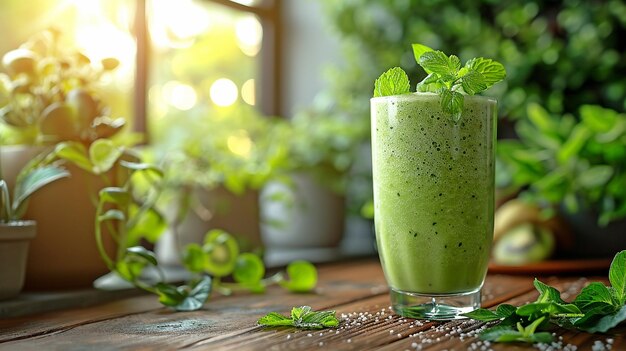 Nutrition and cleansing Glass of green smoothie for breakfast in the morning or as a snack on a wooden table with the view of the lush kitchen windowxAxA