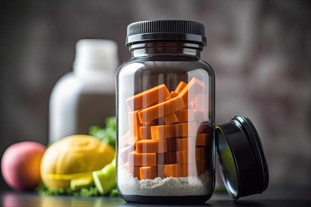 Nutritional supplement bottle with ingredients label in closeup created with generative ai