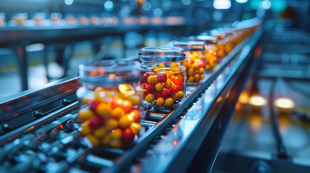 Photo nutritional supplements on a futuristic conveyor belt