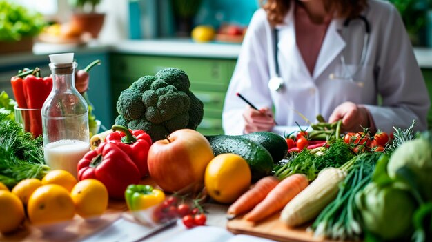 Photo nutritionist on a background of vegetables selective focus