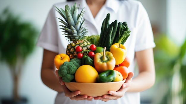 Nutritionist giving consultation to patient with healthy fruit and vegetableNutrition and diet concept