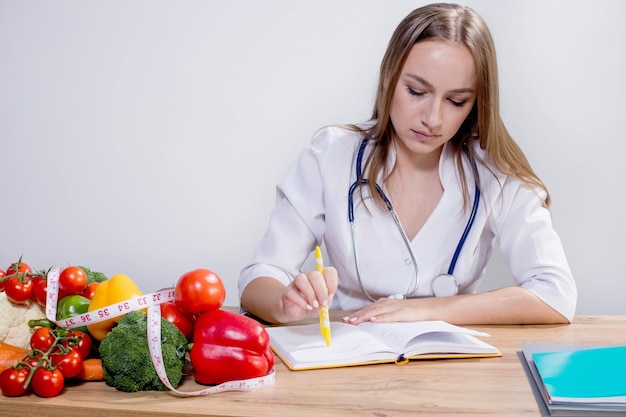 a nutritionist prescribes a healthy diet for a patient a nutritionist writes a prescription for pills for a patients health at his desk vegetables and fruits on the table