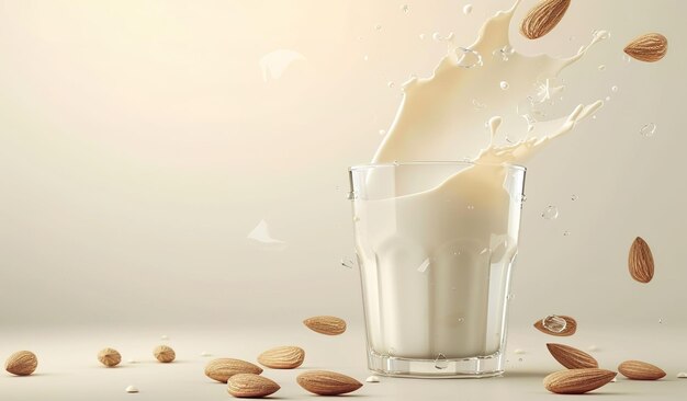 Nutritious almond milk poured into a glass surrounded by almonds and splashes flying through the air