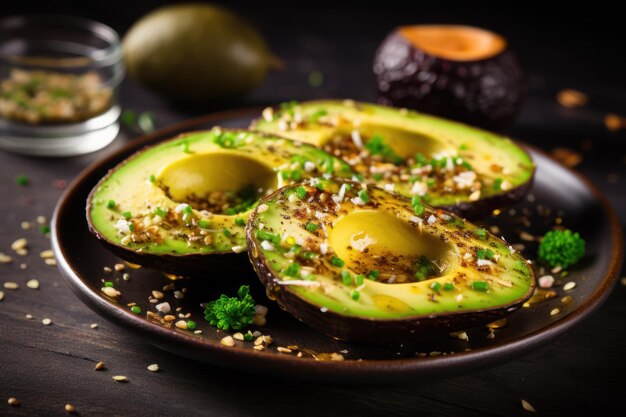 Foto colazione nutriente con avocado con avocado a fette e condimenti idea di cibo intero