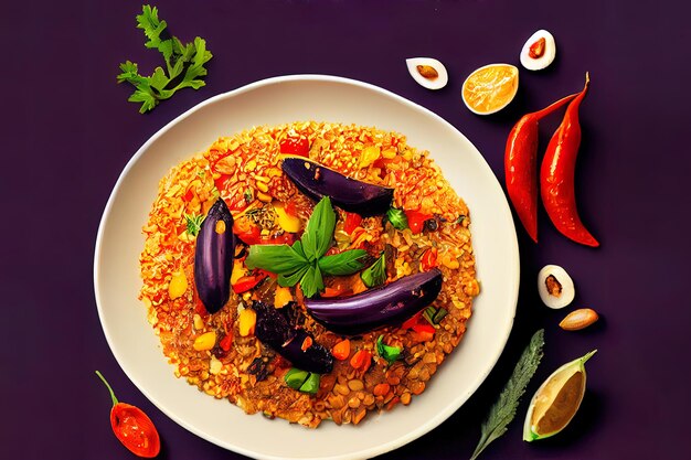 Nutritious bulgur pilaf with eggplant and vegetables top view with copy space generative ai