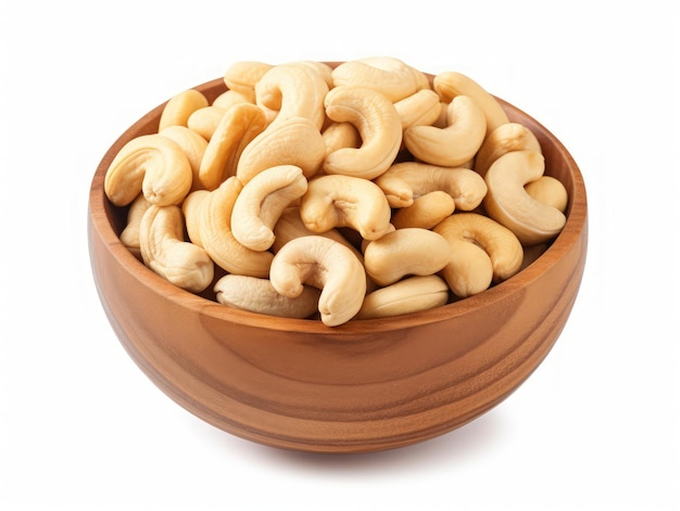 Nutritious Cashew Nut in Wooden Bowl Isolated on White Background