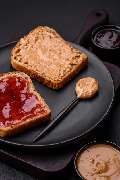 Nutritious sandwiches consisting of bread raspberry jam and peanut butter