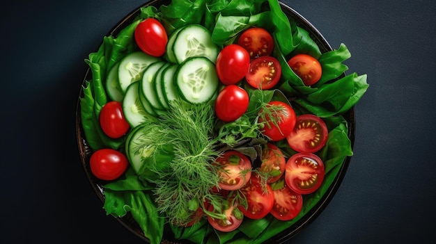 Питательный овощной салат включает свежие помидоры, огурцы, лук, шпинат, салат и кунжут. План питания с высоты птичьего полета.
