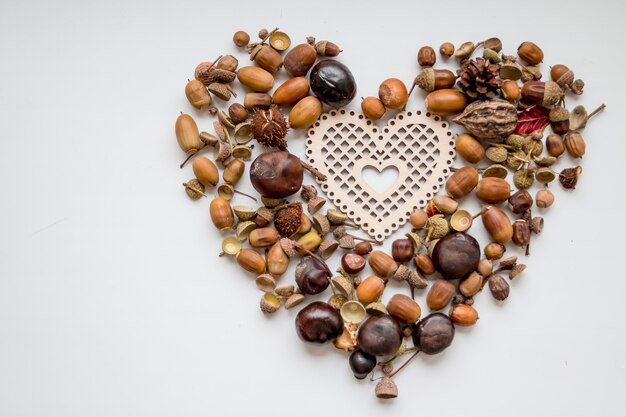 орехи желудь как сердце, игрушка в форме сердца, еловые шишки и орехи на белом background.autumn украшения