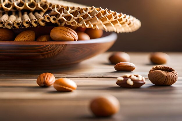 nuts and acorns on a wooden table