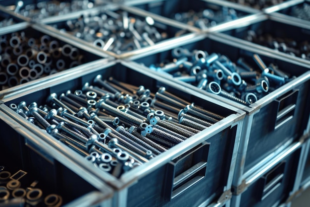 Nuts and bolts in storage boxes at factory