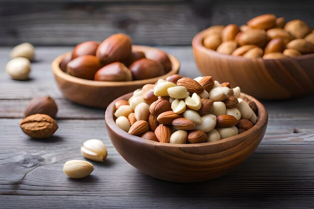 Nuts in a bowl on a wooden table