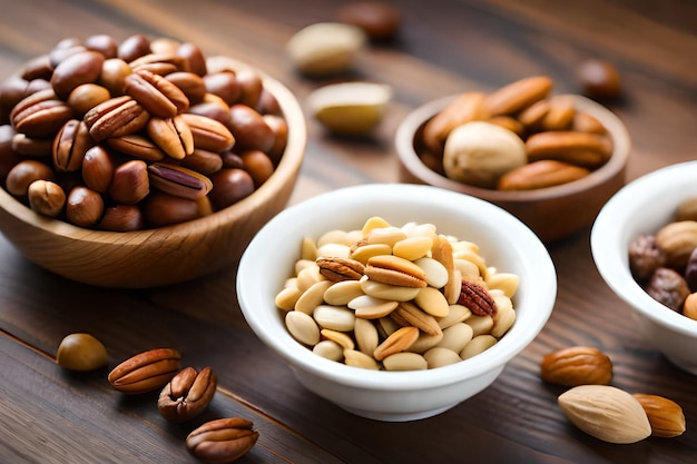 Nuts in bowls on a wooden table